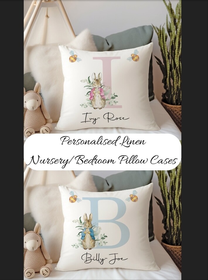 Personalised Children's Cushion Cover40x40cm personalised with name, initial and peter rabbit design-perfect for nursery, childrens bedroom