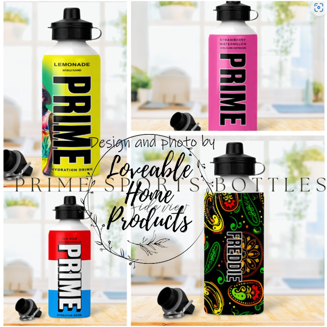 Personalised 650ML metal sports bottles with prime design, any prime design and personalised with name. With two lids sports and screw cap
