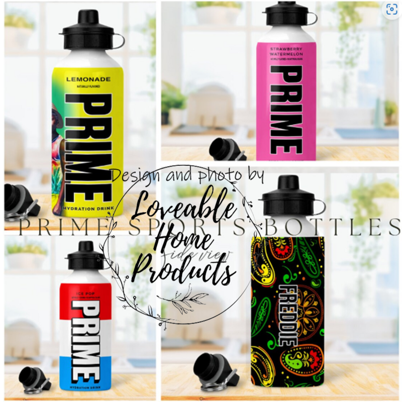 Personalised 650ML metal sports bottles with prime design, any prime design and personalised with name. With two lids sports and screw cap