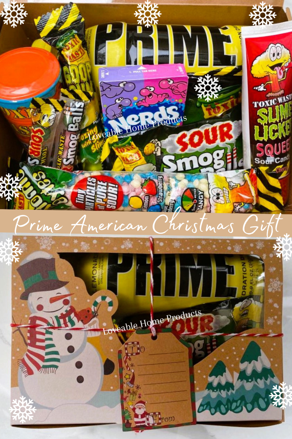 Prime American Candy Christmas Gift Box Filled with selection of American Candy and including Prime Drink- Gift boxed and ready to gift