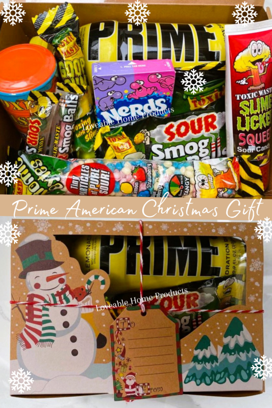 Prime American Candy Christmas Gift Box Filled with selection of American Candy and including Prime Drink- Gift boxed and ready to gift