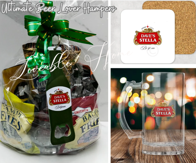 Ultimate Personalised Beer Lover Gift Set, Including 1 pint Glass, Coaster, Huge Keyring Bottle Opener, Beer Snacks, Gift Wrapped-Any Design