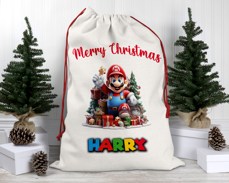 Personalised Santa Sack, Christmas Sack, Personalised Christmas Sack - Name, Initial Christmas Gift Bag, Christmas Keepsake Mario themed