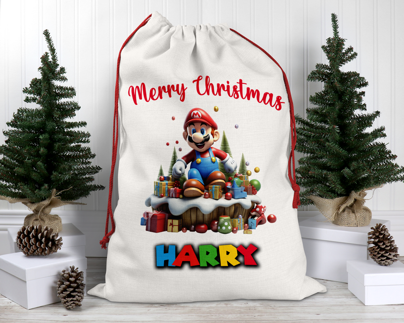 Personalised Santa Sack, Christmas Sack, Personalised Christmas Sack - Name, Initial Christmas Gift Bag, Christmas Keepsake Mario themed
