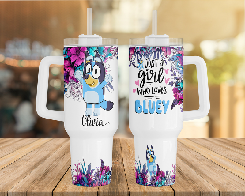 40oz personalised insulated tumbler with handle lid and straw bluey design boxed gift