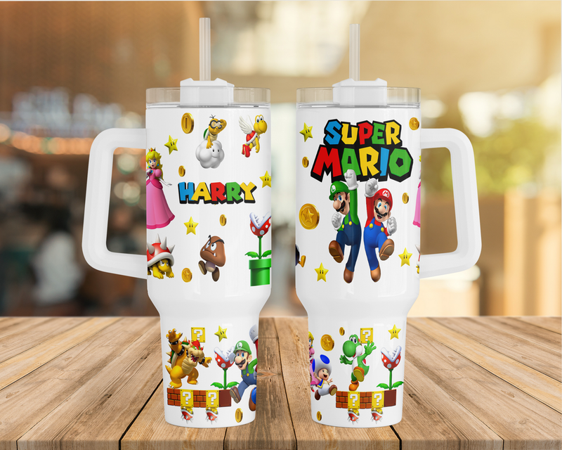 40oz personalised insulated tumbler with handle lid and straw mario design boxed gift