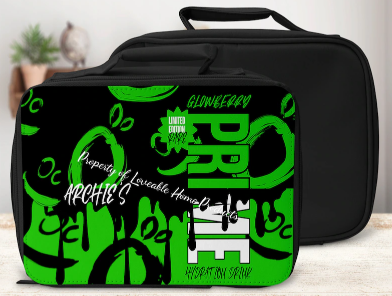 Personalised prime cooler bag for lunchbags, fully Insulated and personalised with name, custom glowberry drip design 24x18cm