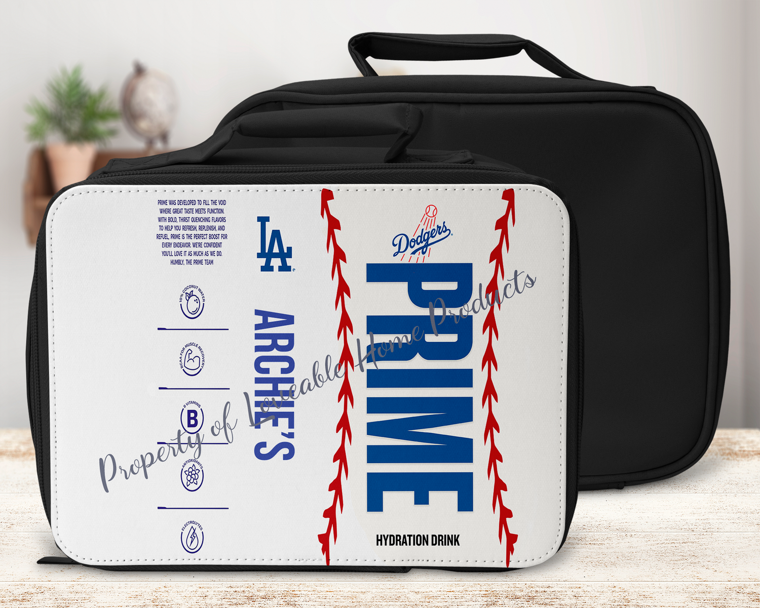 Personalised prime cooler bag for lunchbags, fully Insulated and personalised with name, custom dodgers design 24x18cm