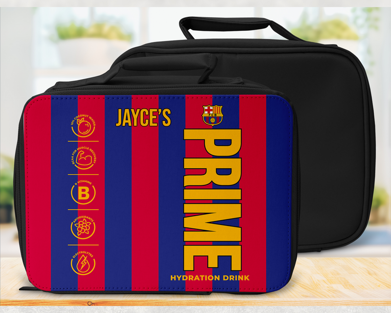 Personalised prime cooler bag for lunchbags, fully Insulated and personalised with name, custom barcelona design 24x18cm
