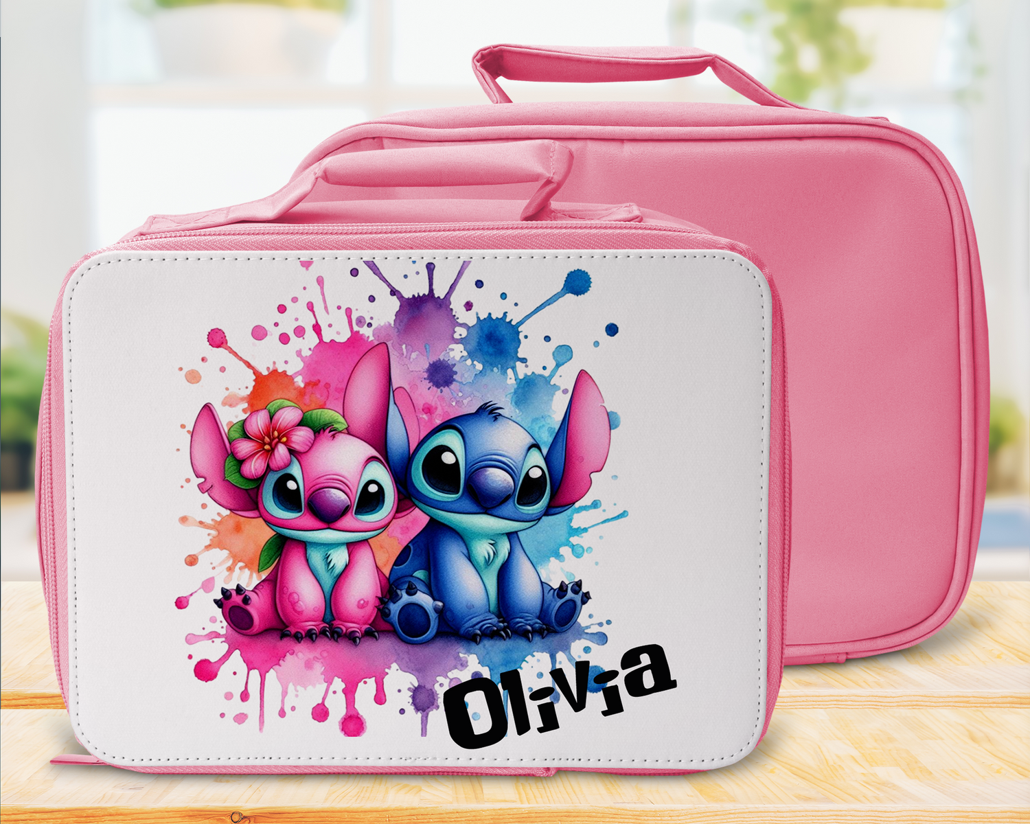 Personalised stitch cooler bag lunchbag, fully Insulated and personalised with name, custom design 24x18cm stitch pink