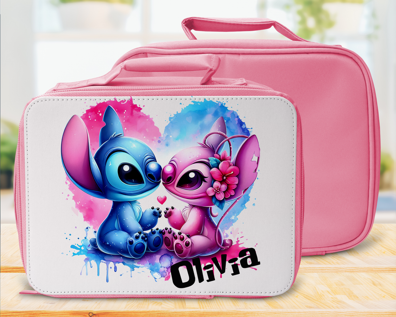 Personalised stitch cooler bag lunchbag, fully Insulated and personalised with name, custom design 24x18cm stitch pink