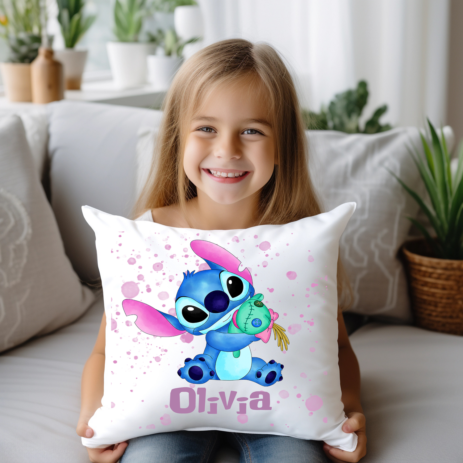 Personalised Lilo and Stitch Cushion with Name and Design 40cm/40cm Soft Cushion Perfect Gift Bedroom Idea Decor