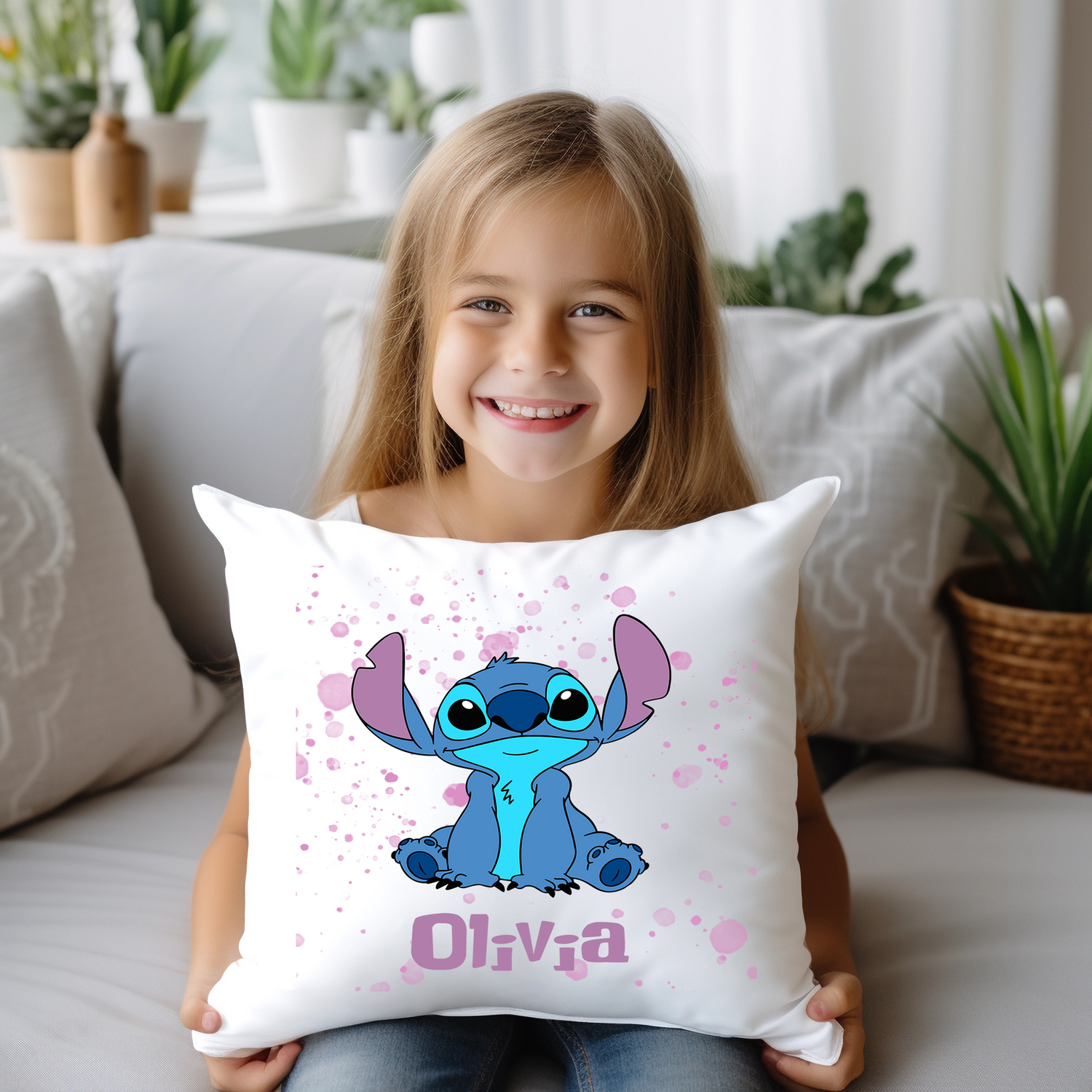 Personalised Lilo and Stitch Cushion with Name and Design 40cm/40cm Soft Cushion Perfect Gift Bedroom Idea Decor