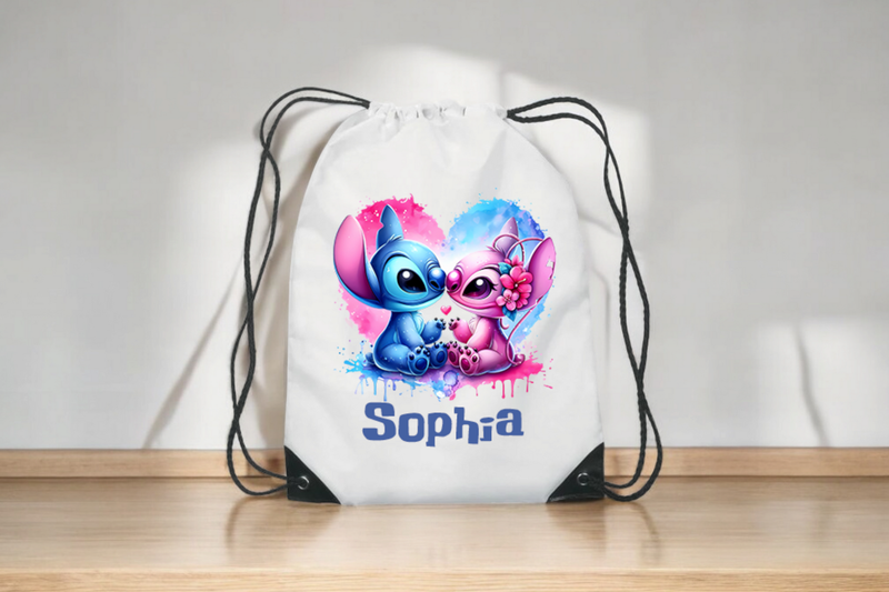 Personalised Stitch Drawstring bag Sports Gym Drawstring with Name and Stitch Design PE Sports Gym Bag