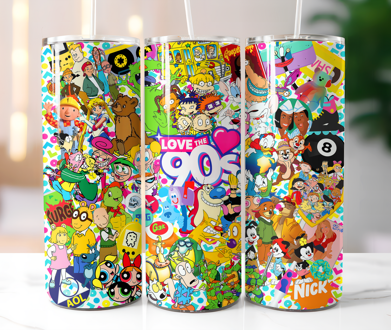 20Oz 90's themed Insulated tumbler with stainless steel straw and lid