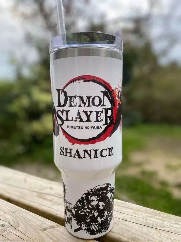 40oz personalised insulated tumbler with handle lid and straw demon slayer design boxed gift