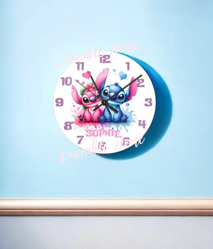 Personalised Stitch Clock Toughened Glass 20cm Clock with Name and Stitch design