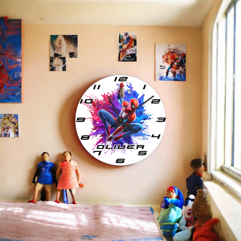 Personalised Spiderman theme Clock Toughened Glass 20cm Clock with Name and design