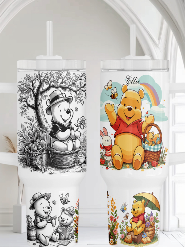 40oz personalised insulated tumbler with handle lid and straw winnie the pooh two tone design boxed gift