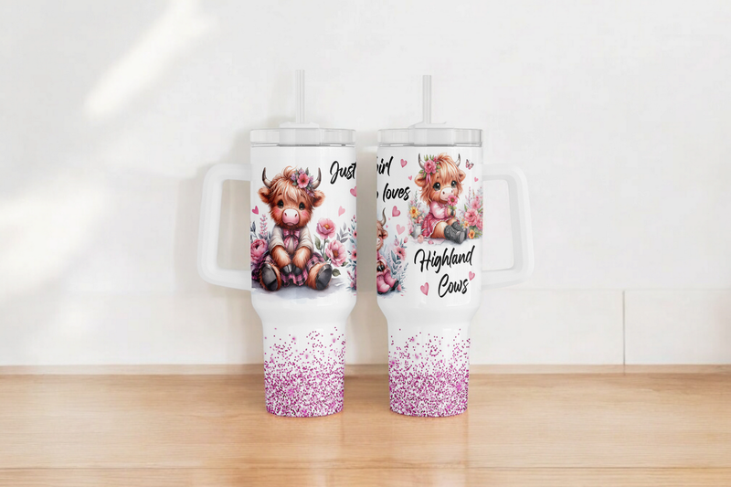 40oz personalised insulated tumbler with handle lid and straw highland cow design boxed gift