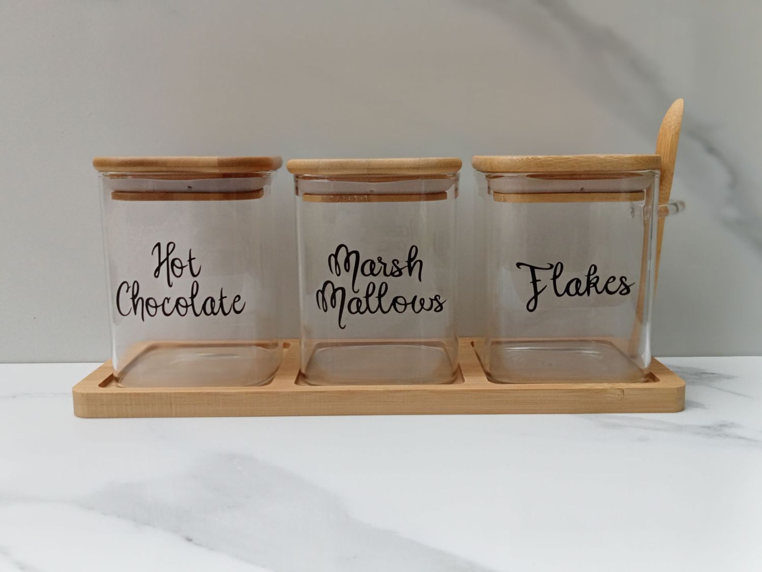 Personalised Square Storage Jars With Tray And Spoon