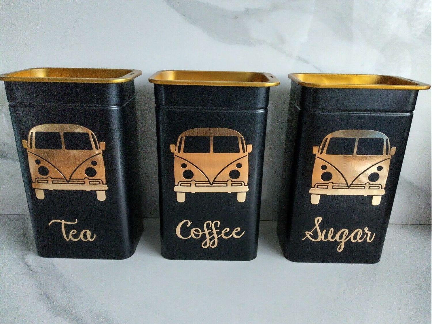 Set of 3 personalised tea coffee sugar containers in brushed gold perfect for camper van or home