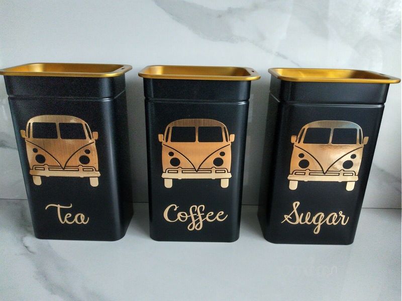 Set of 3 personalised tea coffee sugar containers in brushed gold perfect for camper van or home