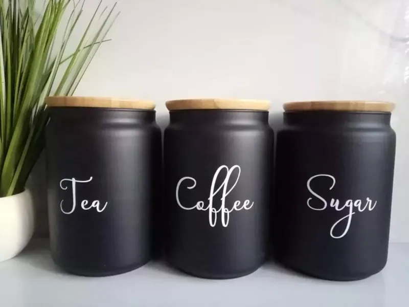 Mrs Hinch inspired storage jars tea coffee sugar black natural bamboo lid