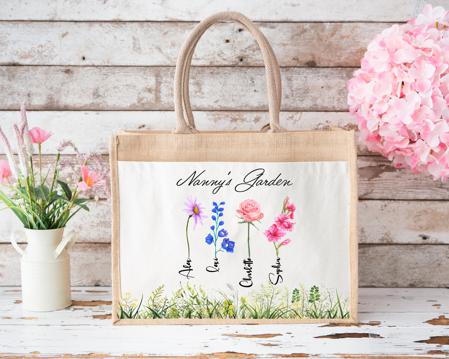 Personalised Jute Bag. Large Tote Shopping Bag 43x34cm with Pocket Storage Personalised with Name, Nanny Granny Mummy Perfect Gift