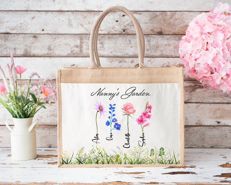 Personalised Jute Bag. Large Tote Shopping Bag 43x34cm with Pocket Storage Personalised with Name, Nanny Granny Mummy Perfect Gift