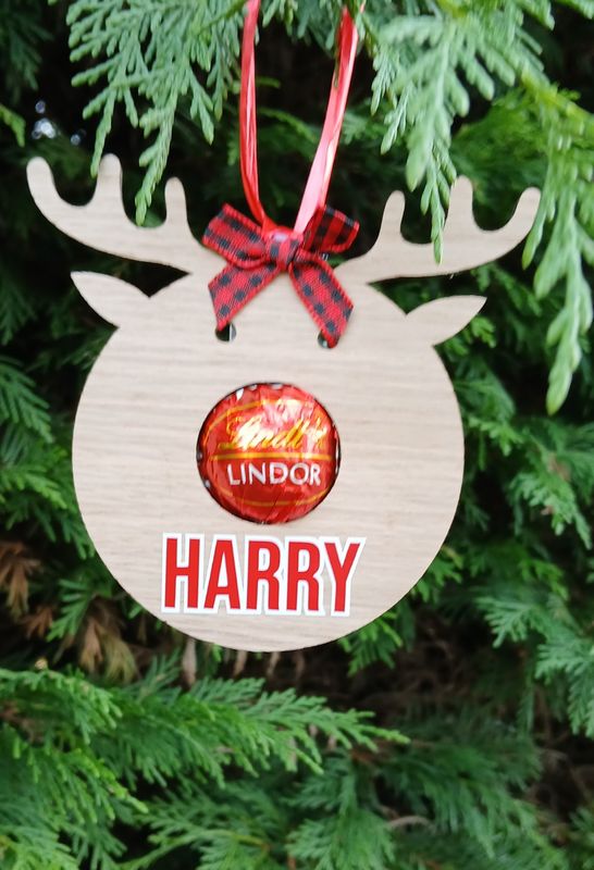 Personalised Reindeer Decoration Chocolate holders Hanging Tree Name