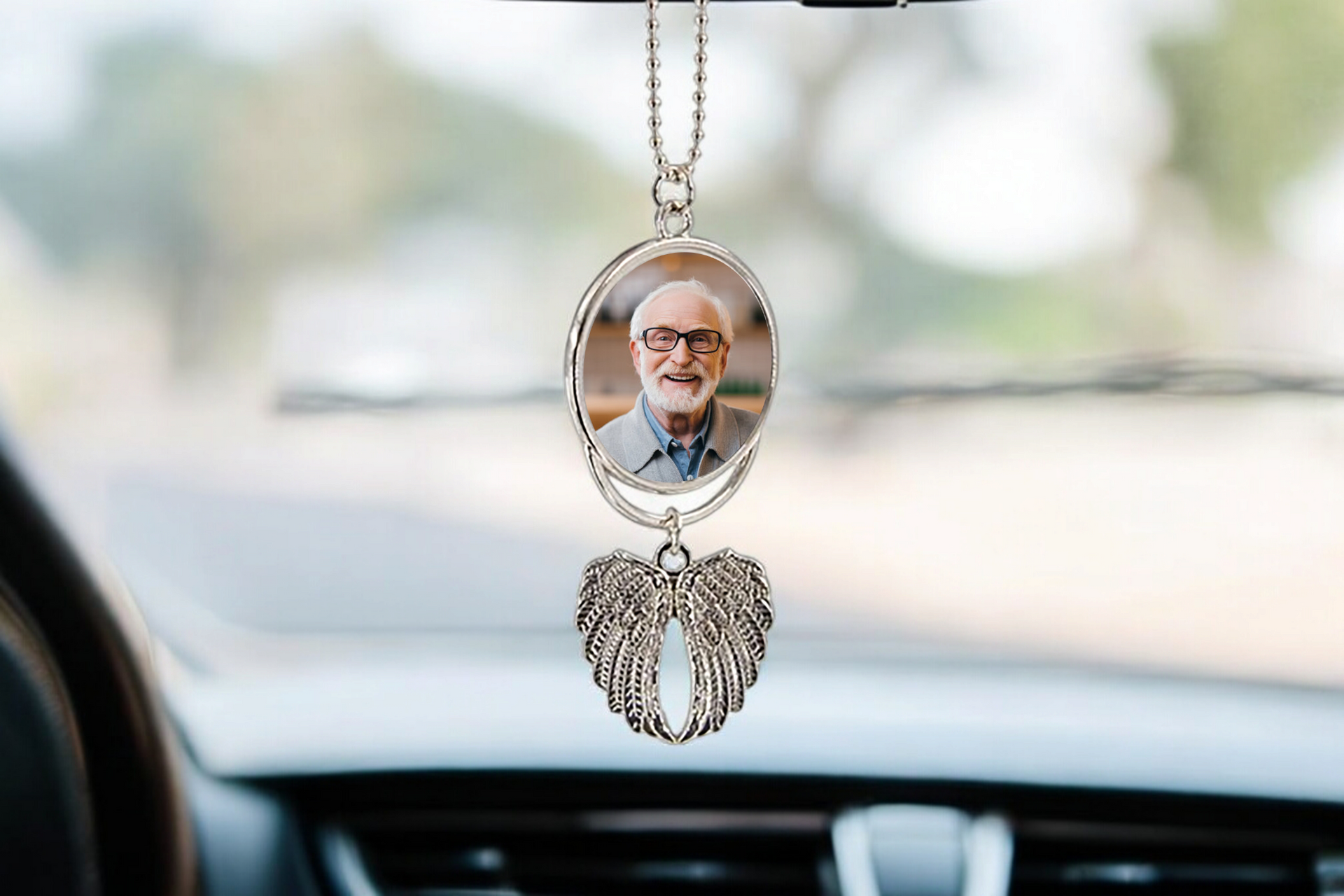 Personalised Photo Hanging Car Ornament Memorial Loss Angel Wings