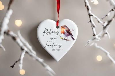 When Robins appear Heart Ceramic hanging Ornament With Ribbon