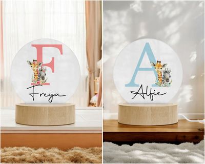 Personalised Nightlight LED light with wood base Name Alphabet Animal Theme with Name Initial