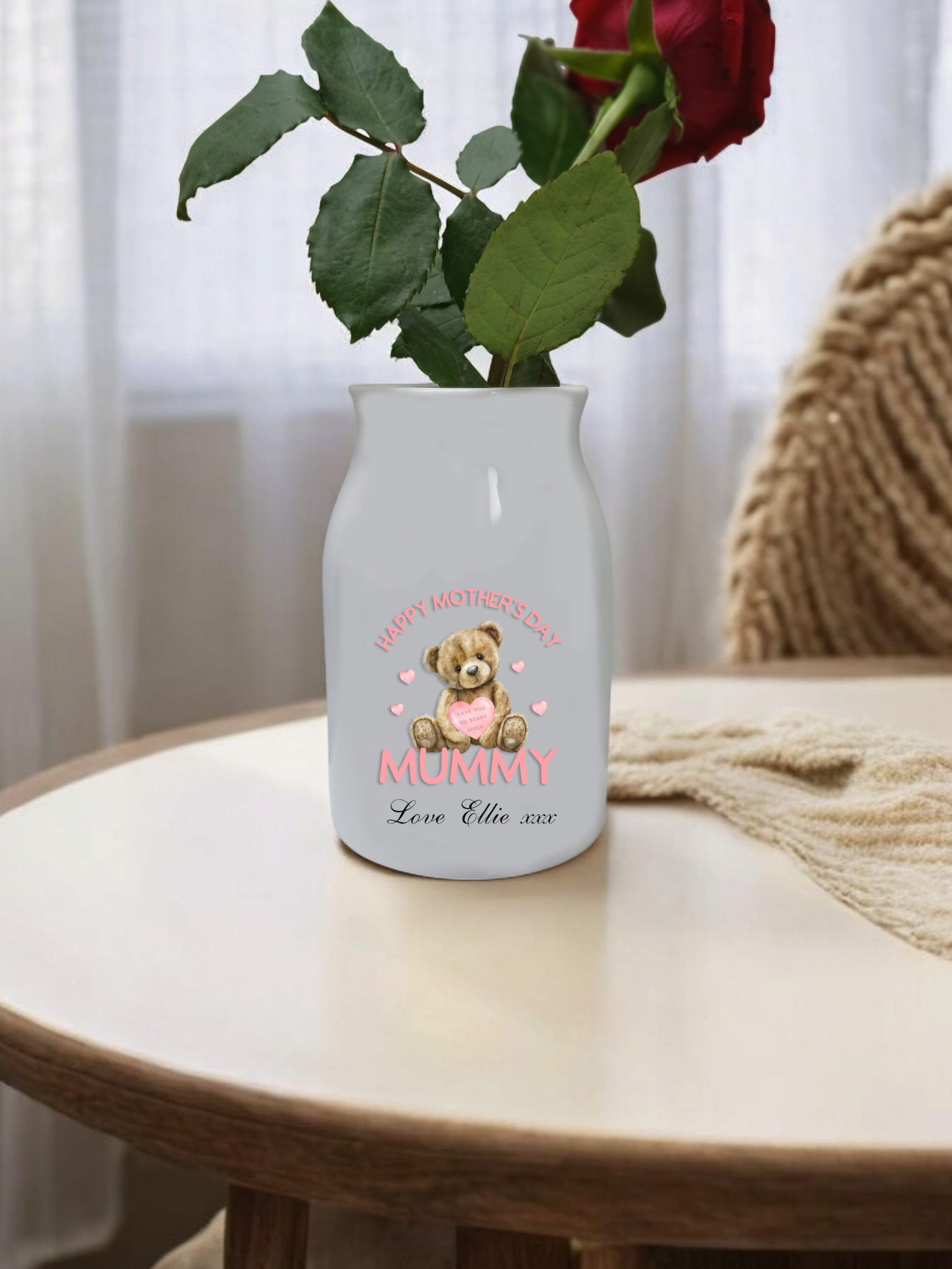 Personalised Vase Mother's Day Teddy Name Message Gift Vase