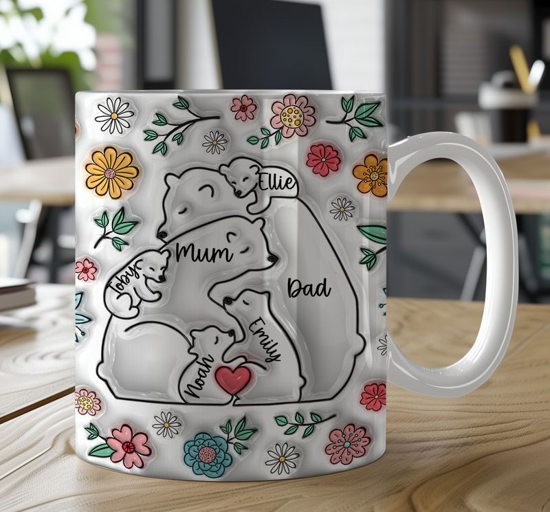 Personalised Family 3d style inflated Bear Family Hug Mug with Names up to 5 children