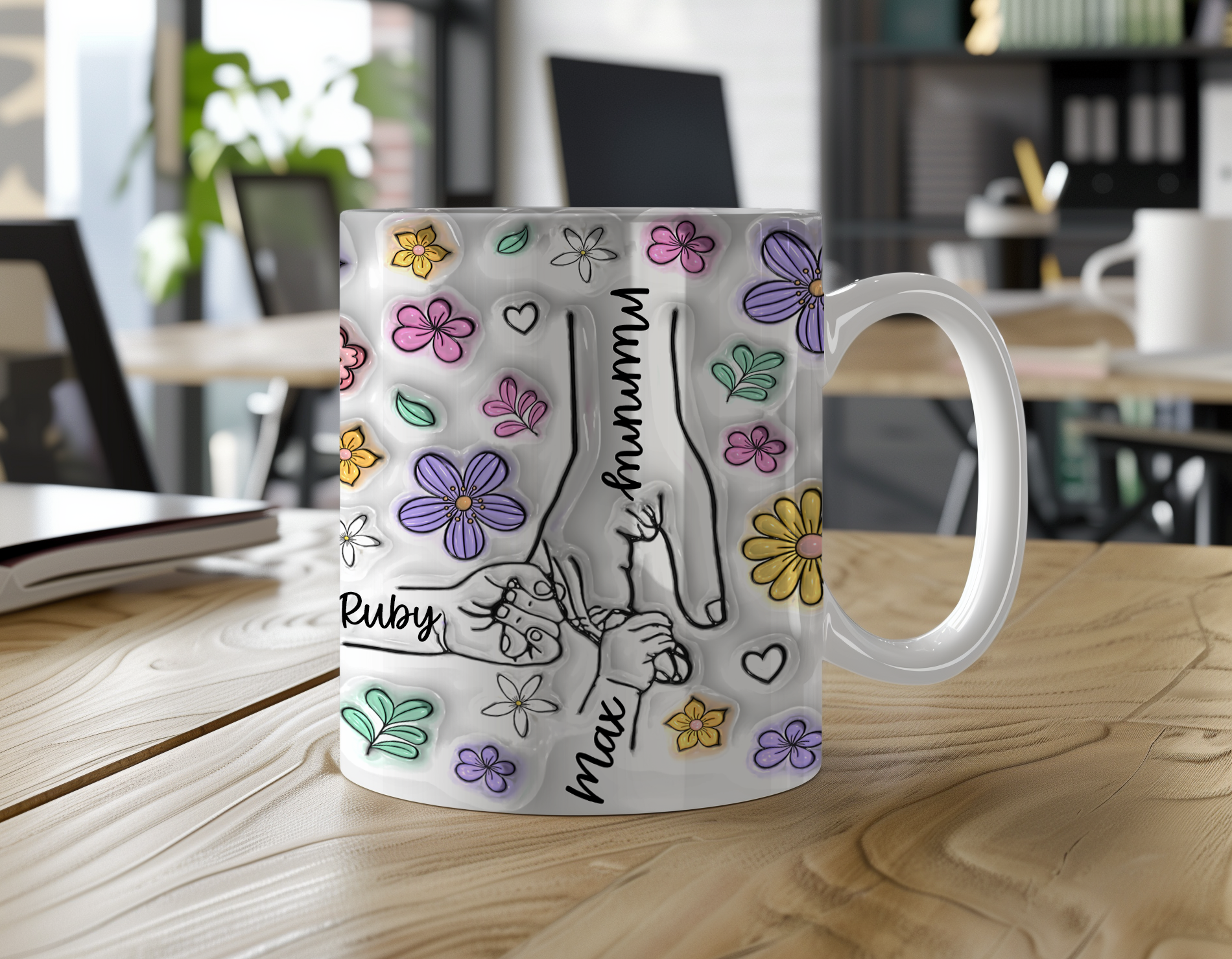 Personalised Mug 3d Mum Nan Nanny 3D Inflated Hands Mother's Day up to 7 hands Ceramic 11oz Mug Gift Box Hands Mug