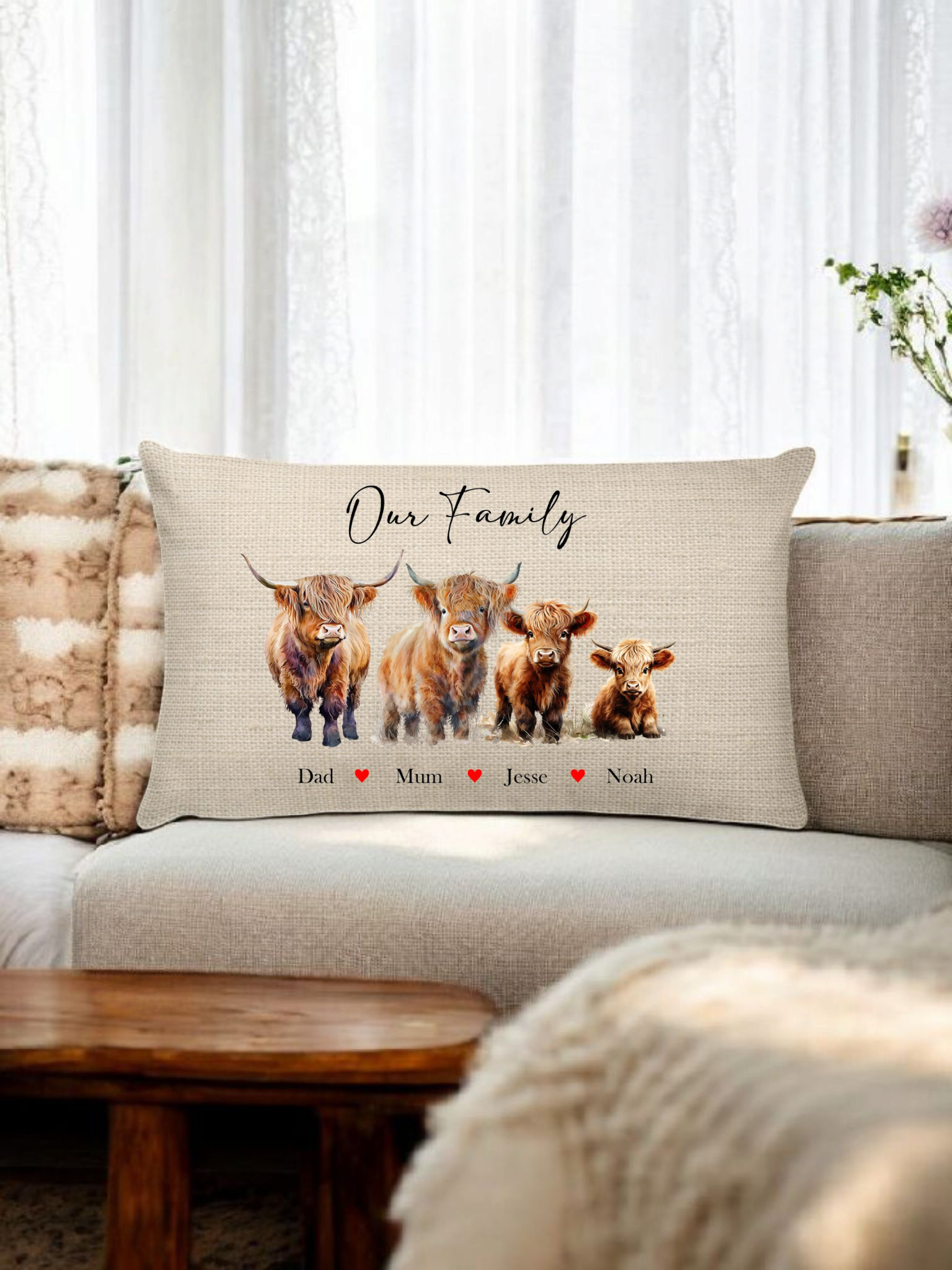 Personalised family herd highland cow lumbar rectangle linen cushion family sofa display cushion with filling