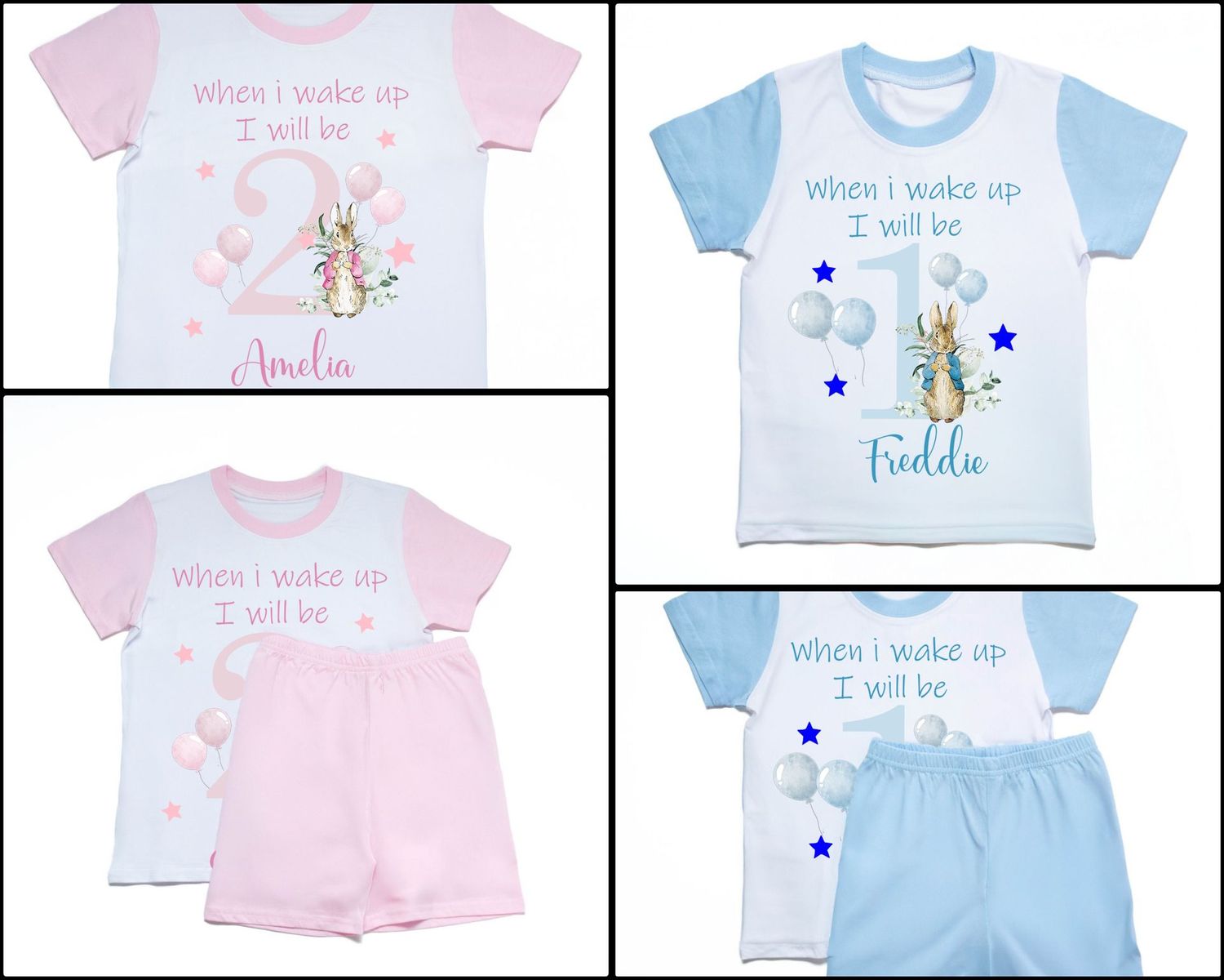 Personalised Summer Pyjama Set Kids Children When I Wake Up Birthday Pyjama Set Shorts Top Name Personalised Rabbit Age Number Pink Blue