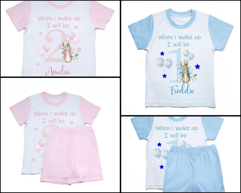 Personalised Summer Pyjama Set Kids Children When I Wake Up Birthday Pyjama Set Shorts Top Name Personalised Rabbit Age Number Pink Blue