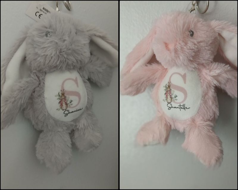 Personalised Easter Bunny Keyring Soft Fluffy Easter Keyring Keychain With Name Initial 3 colours To Choose Grey Pink White Easter Keepsake