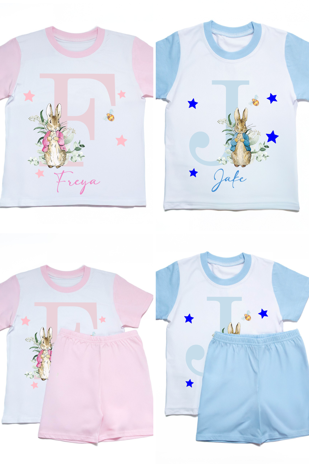 Personalised Summer Pyjama Set Kids Children Name Initial Birthday Pyjama Set Shorts Top Name Personalised Rabbit Name Pink Blue