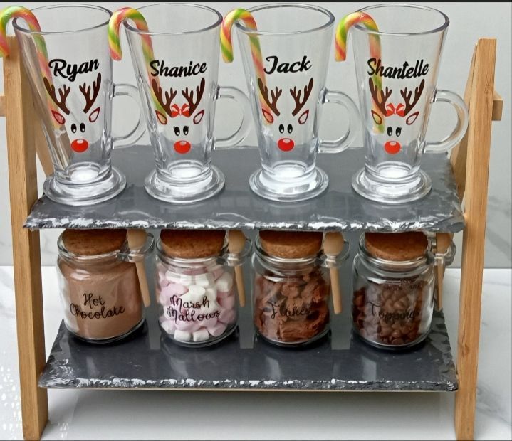 Ultimate Hot Chocolate Station Slate Stand Two Tier Chocolate Station Perfect for Christmas Winter Including 4 glass and Jars