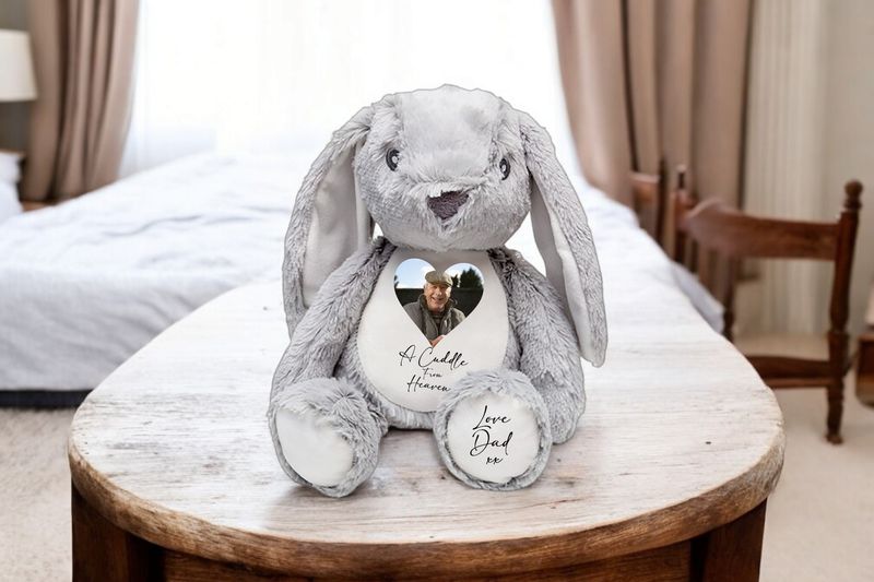 Personalised Memorial Bunny Teddy Cuddle from Heaven Teddy Add you Picture and message Personalised Memorial Bunny Teddy Cuddle from Heaven Teddy Add you Picture and message