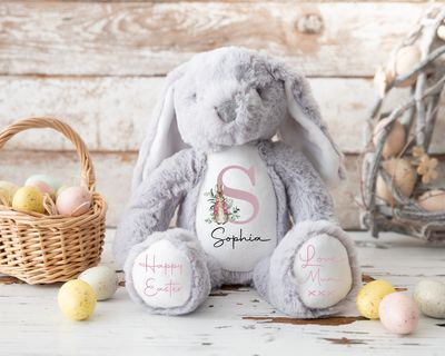 Grey personalised easter bunny with letter and name and peter rabbit theme. Personalise with message to feet