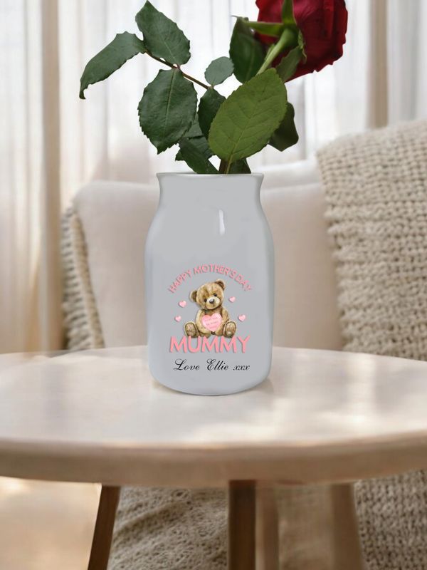 Personalised Vase Mother's Day Teddy Name Message Gift Vase