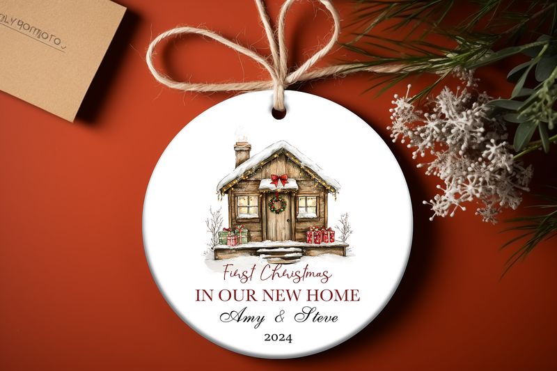 Personalised ceramic ornaments hanging first christmas in new home with name and year/date