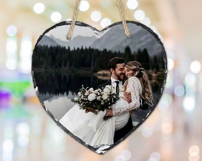 Personalised Hanging Heart Photo Slate 20x20cm with Rope Upload your Photo Best Gift