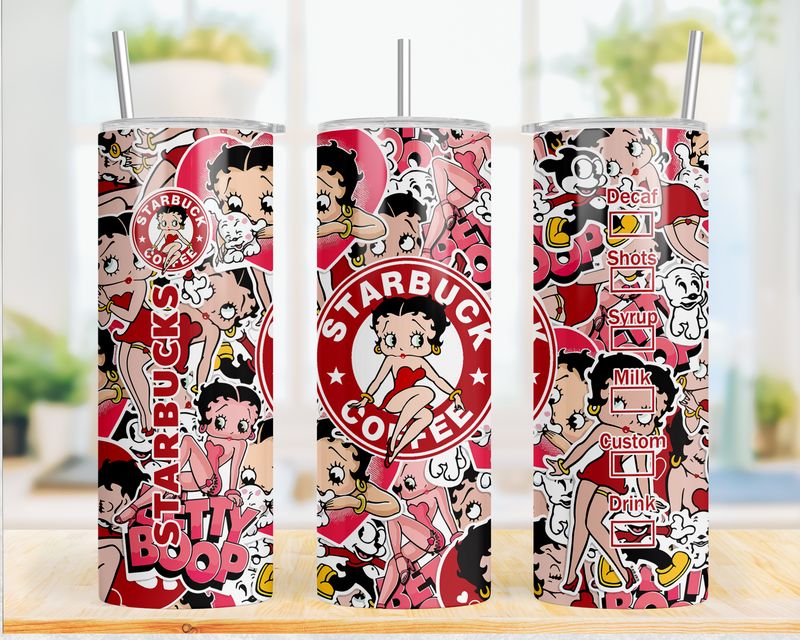 20Oz Betty Boop themed tumbler. Insulated tumbler with stainless steel straw and lid. Betty Boop Vintage pin up theme