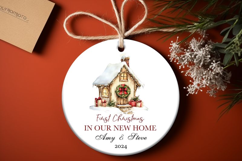Personalised ceramic ornaments hanging first christmas in new home with name and year/date